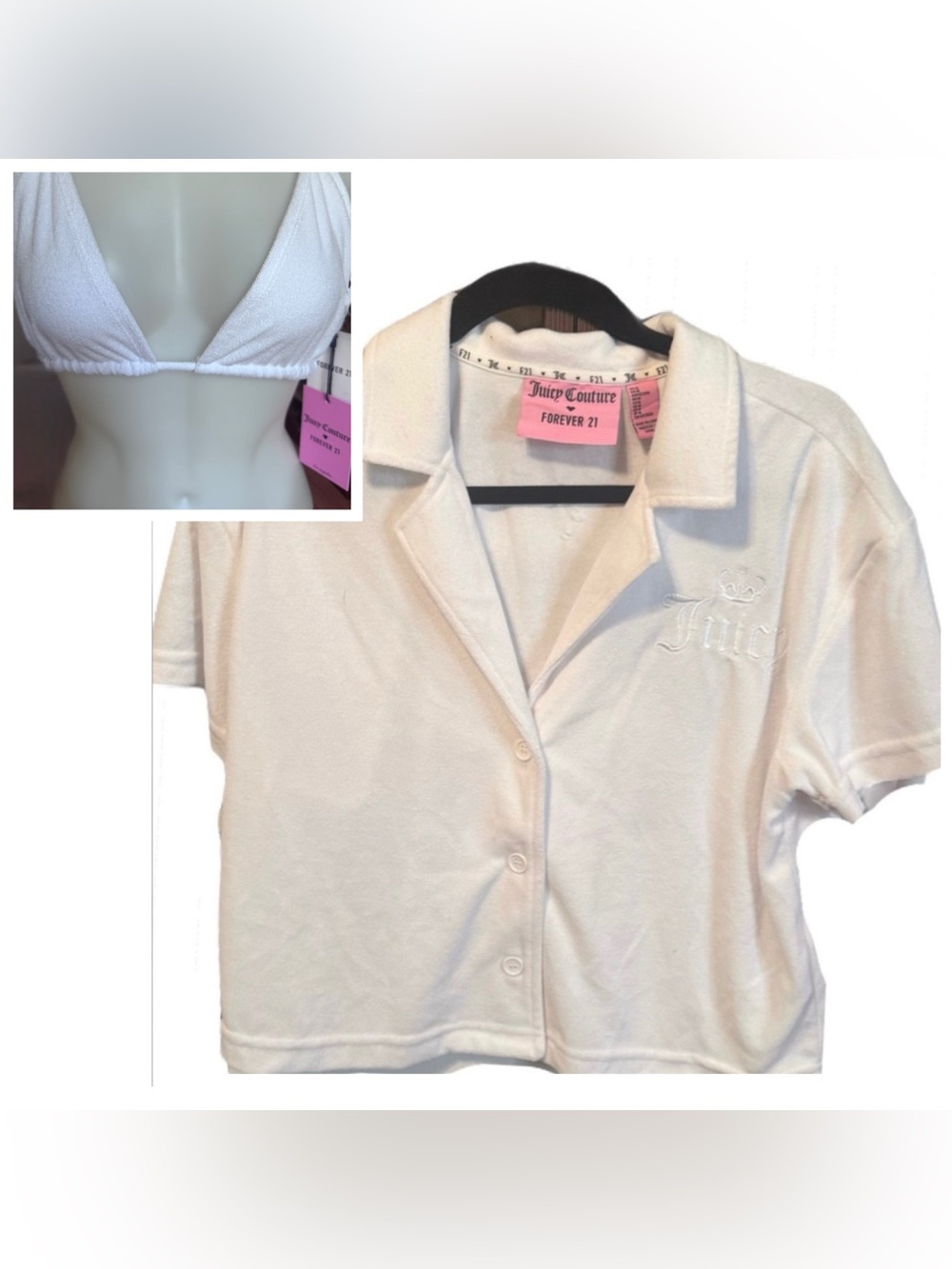 NWT 2pc set Forever 21 Juicy Couture Girls' White terry Polo & triangle top